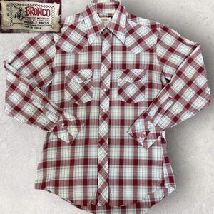 Vtg 70s‎ Bronco Western Mens Fits Medium Red Plaid Pearl Snap